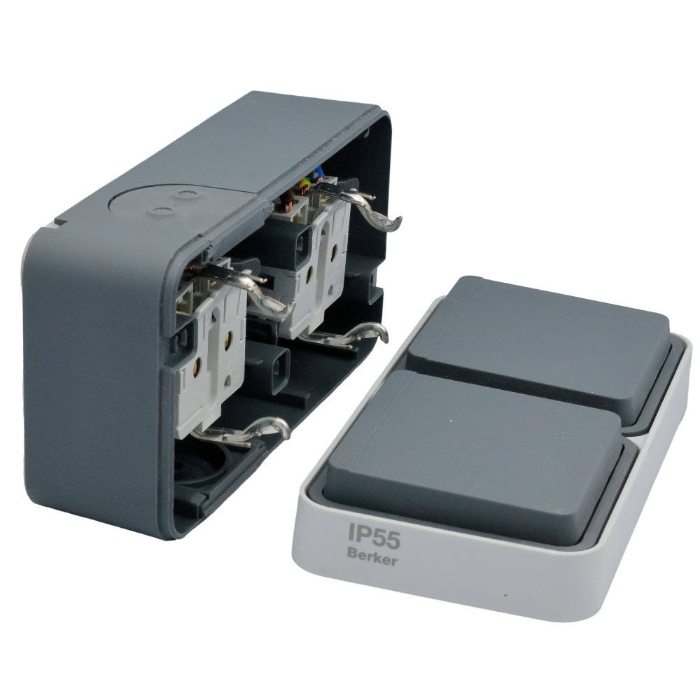 Розетка с ж/к двойная горизонтальная IP55, серая, 16А/250В W.1
